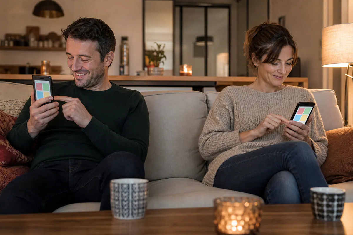 Couple répondant à un quiz sur deux téléphones