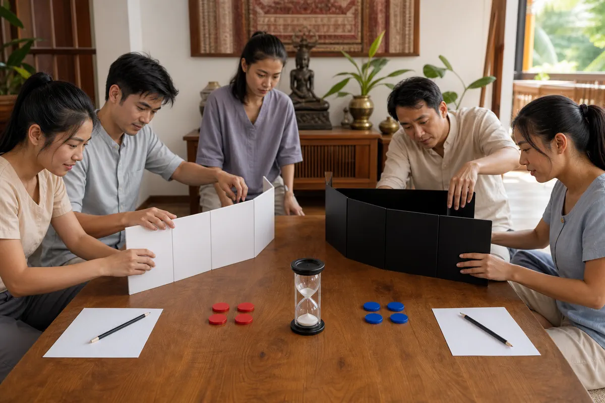 โต๊ะเกม Decrypto ที่จัดพร้อมสำหรับสองทีม