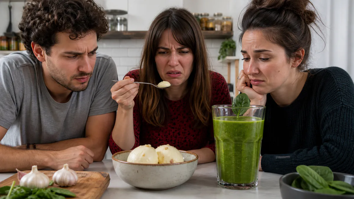 Amis grimaçant devant deux aliments impossibles