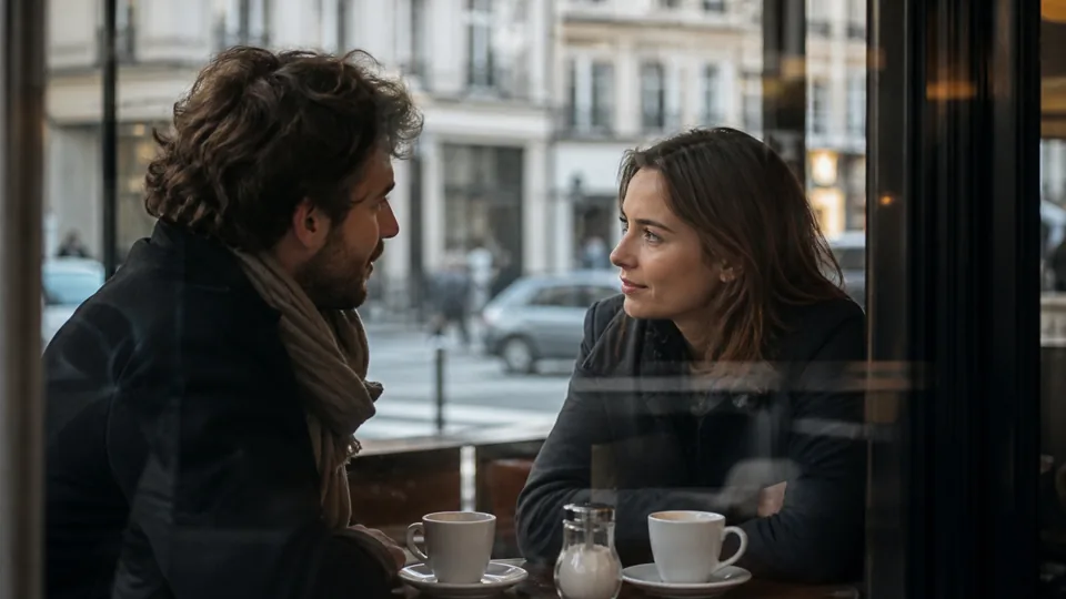 Couple échangeant avec sincérité dans un café