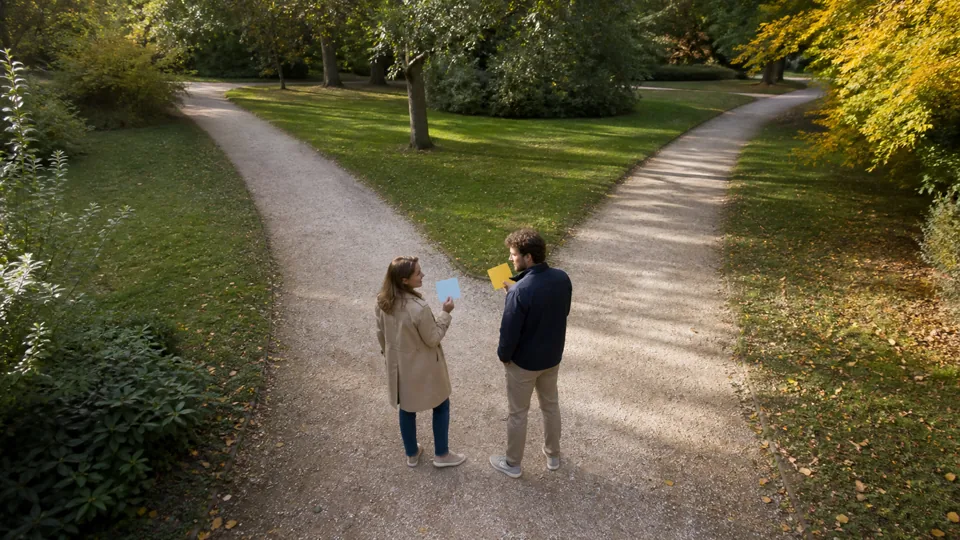 Couple choisissant entre deux chemins