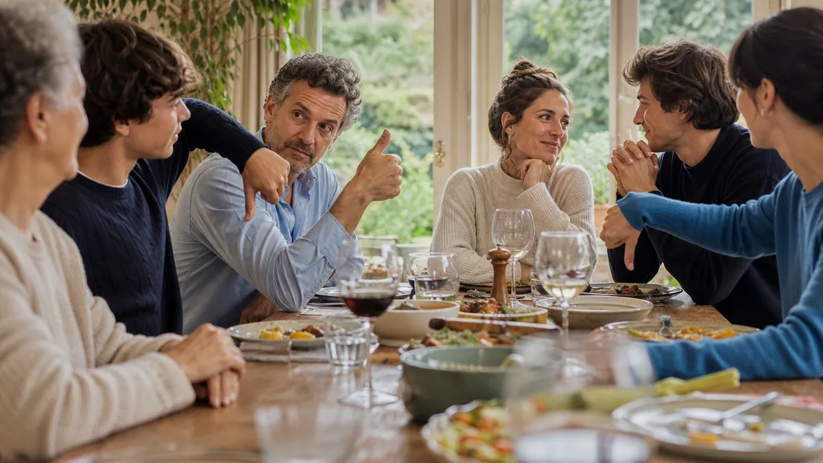 Famille comparant ses choix à table
