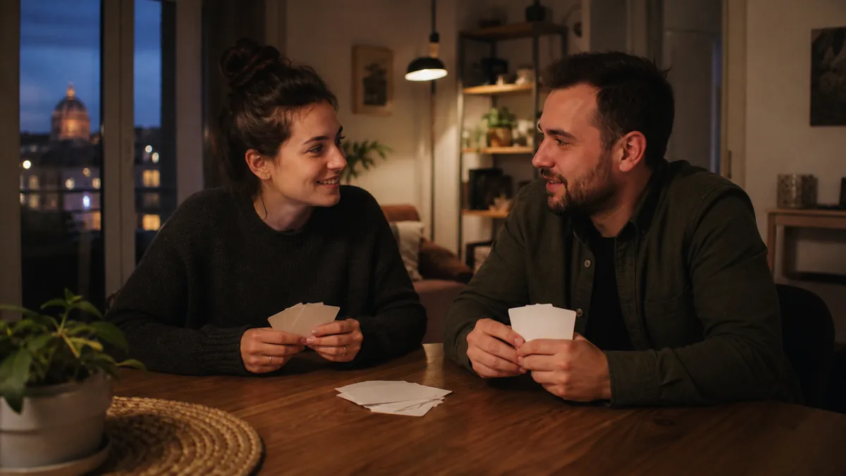 Két játékos színes, álomszerű képkártyákat néz egy asztalnál