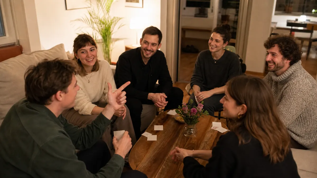 Freundeskreis bei einem Eisbrecher Spiel in einer Berliner Wohnung