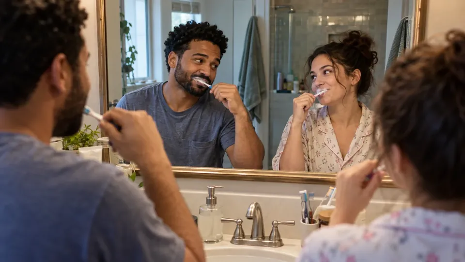 A couple brushing teeth side by side in a bathroom mirror, candid funny