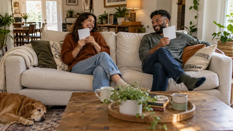 A couple on a couch, each hiding an answer card from the other, laughing