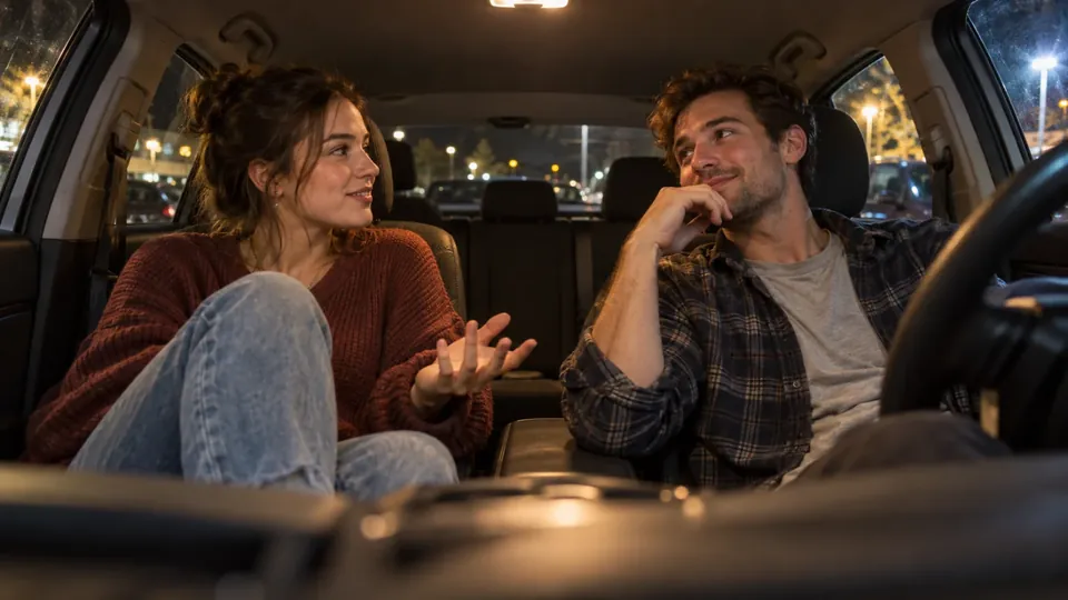 A girlfriend quizzing her boyfriend in a car parked at night, warm interior light
