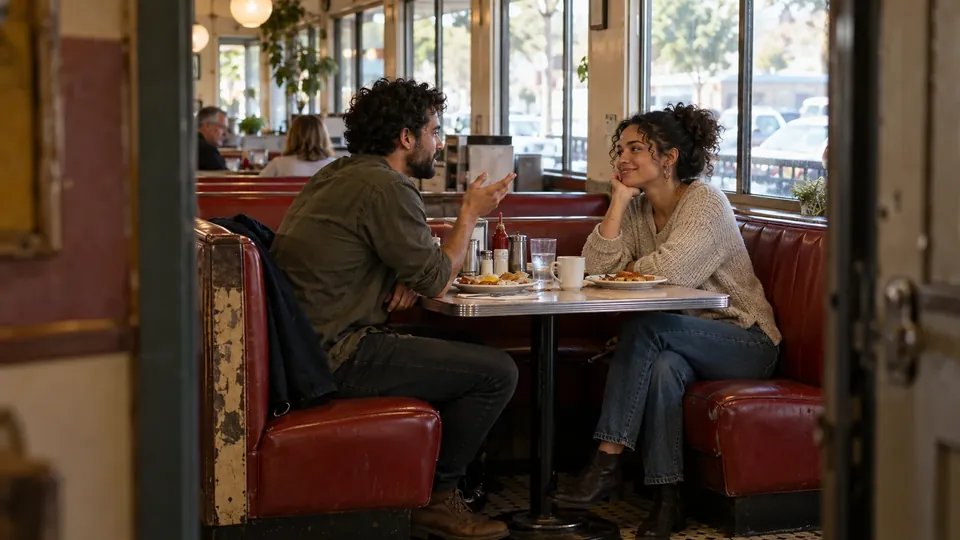 A couple on a date at a diner booth, one guessing the other's answer