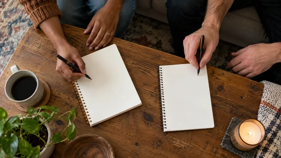 Two notepads and pens on a coffee table, a couple's hands, blurred background