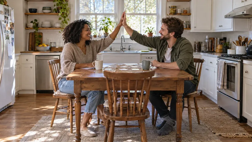 A couple high-fiving after a correct answer in their kitchen