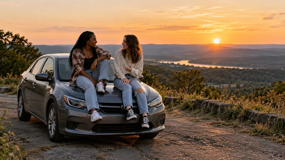 Two best friends sitting on a car hood at sunset talking