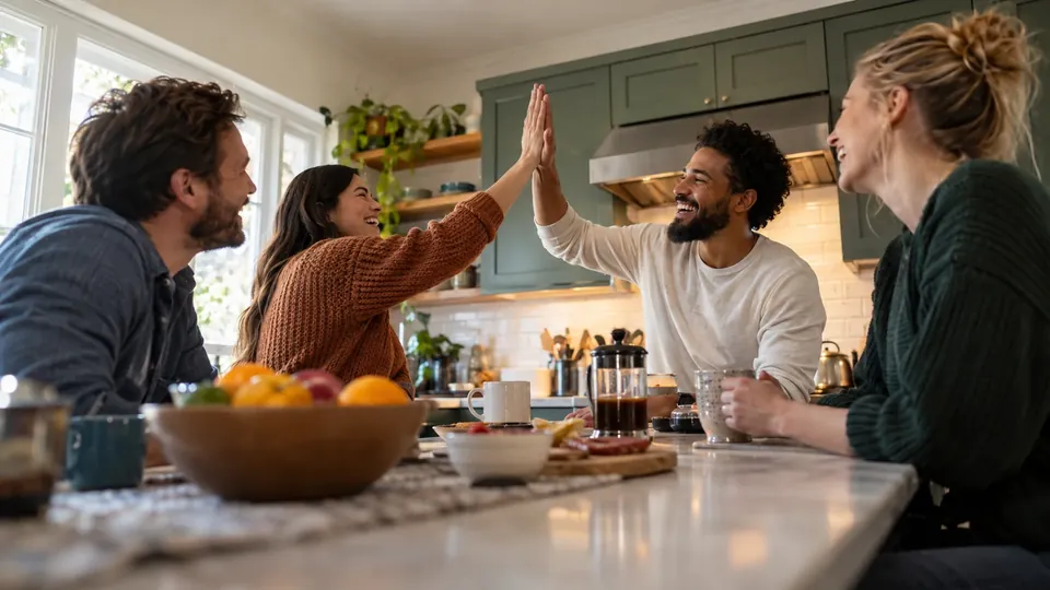 Friends at a kitchen island laughing at a correct answer, high five