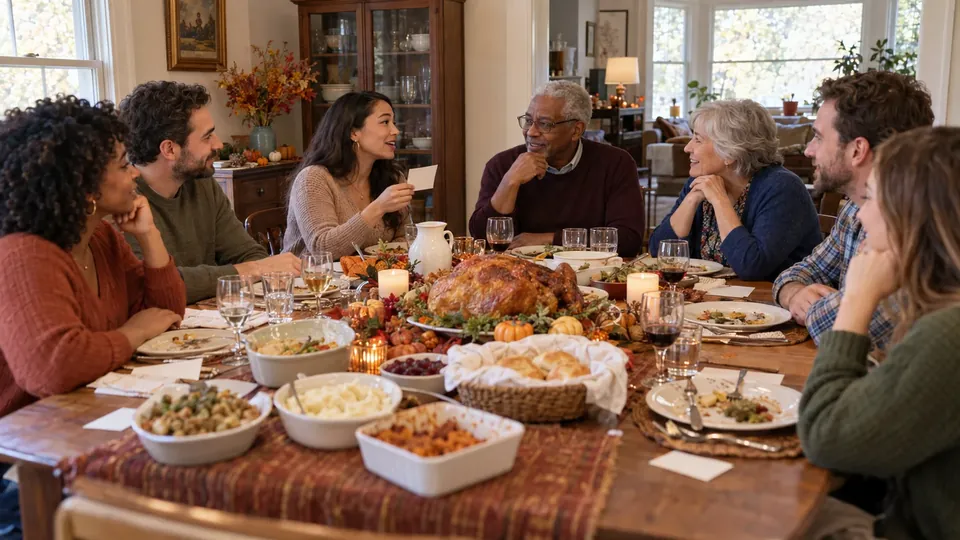 A family at a Thanksgiving-style dinner table playing a question game, grandparents and adult kids