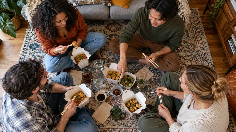 Friends sharing takeout on the floor, chopsticks, guessing favorite foods