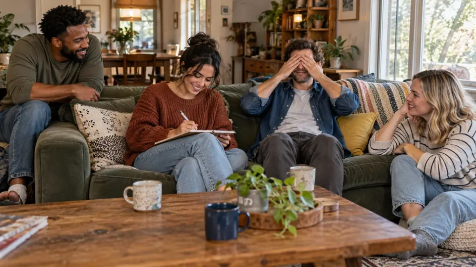 Two best friends on a couch, one writing an answer on paper, the other covering eyes, friends watching