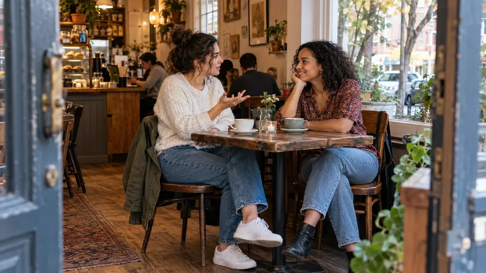 Two women at a cafe window talking, one guessing the other's answer