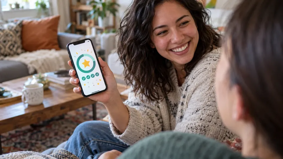 A phone showing a quiz score screen held by a smiling friend, screen sharp