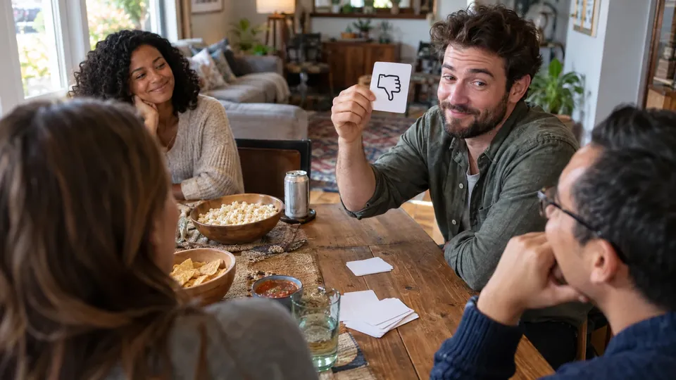 A man holding up a thumbs-down card for false while friends react
