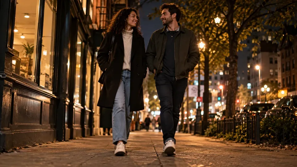 A couple walking on a city street at night, bokeh lights