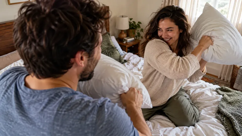 A couple on a bed fully clothed, pillow fight moment, tasteful and playful