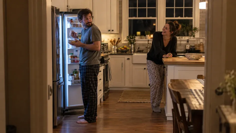 A couple in the kitchen, he's caught eating from the fridge at night, she laughs