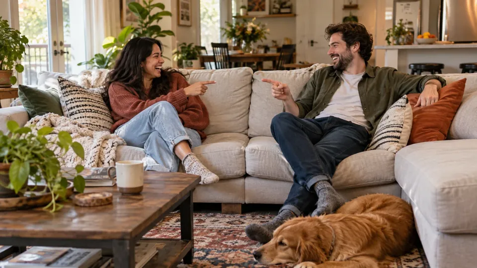 A couple on a sofa both pointing at each other and laughing