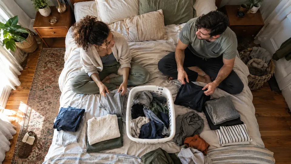 A couple folding laundry on a bed, chatting