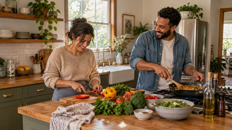 A couple cooking together laughing, warm kitchen