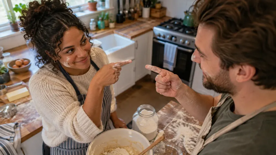 A couple in a kitchen both pointing at each other, flour on the counter