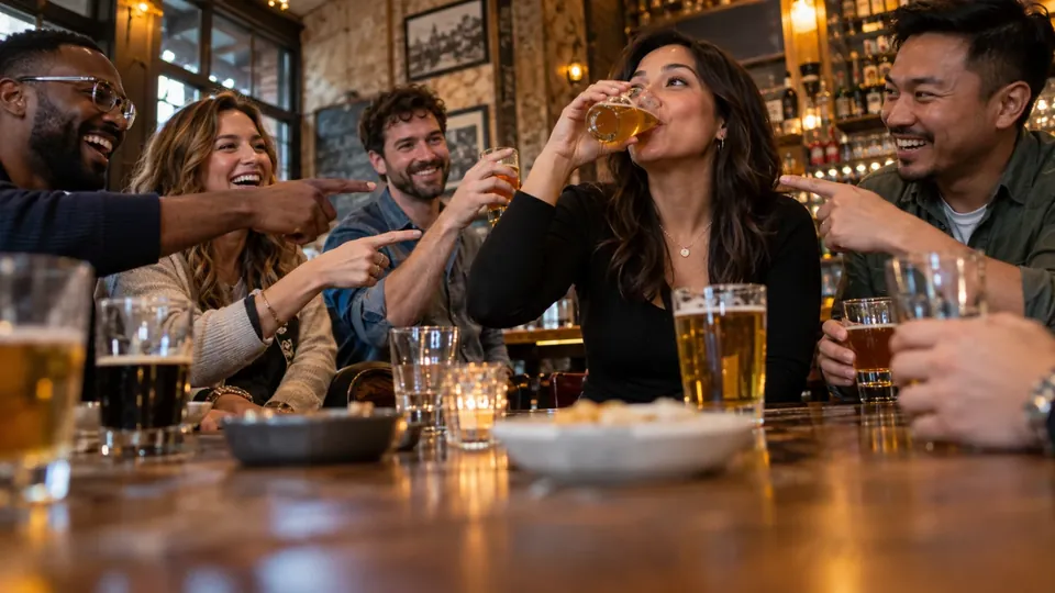 Friends at a bar raising glasses while pointing at one friend who takes a sip