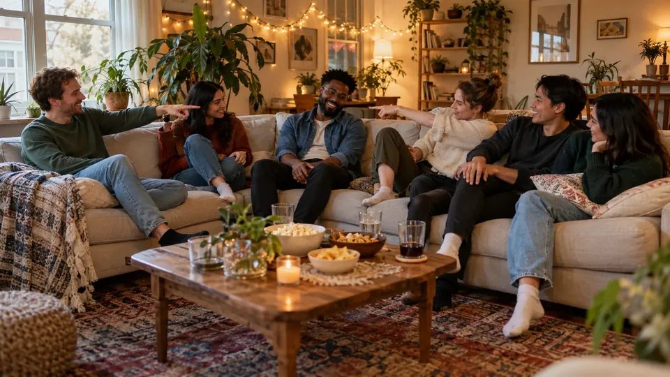 Group of friends squeezed on a big sofa taking turns pointing, fairy lights