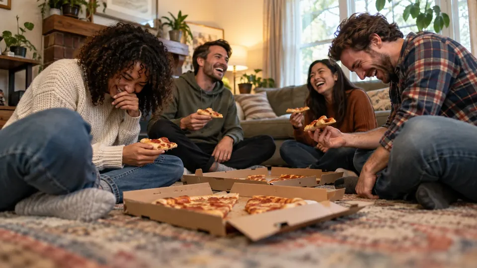Friends doubled over laughing on a living room floor with pizza boxes