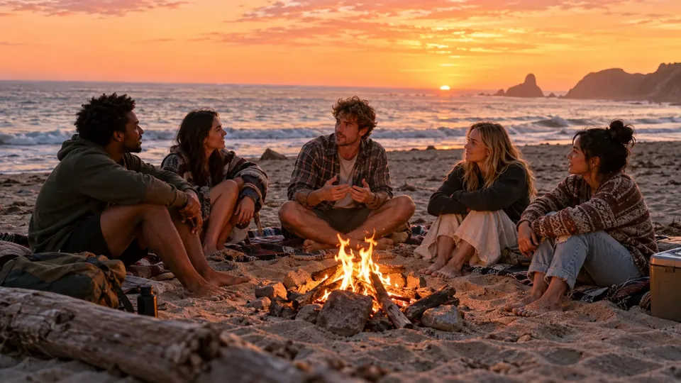 Friends on a beach at sunset with a small campfire, talking about the future
