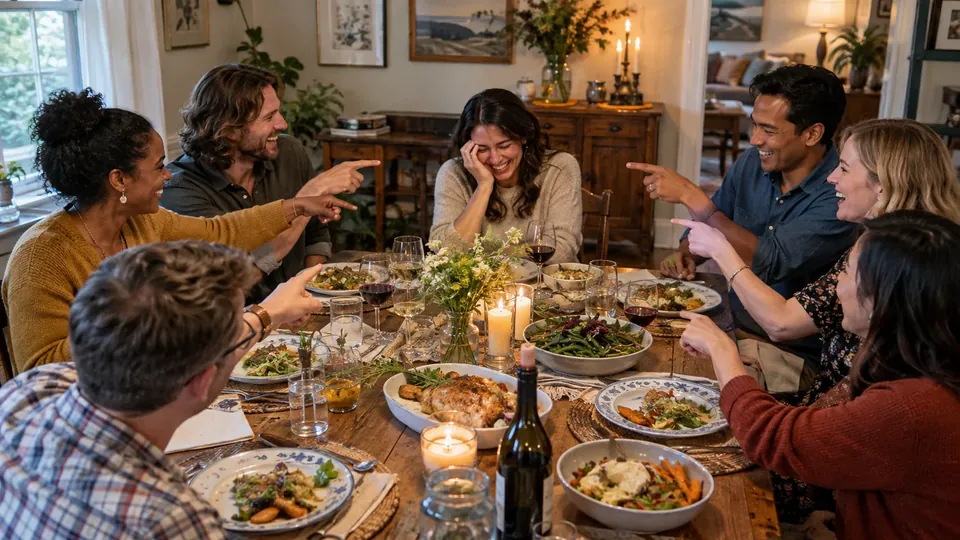Six American friends at a dinner table all pointing at one embarrassed laughing friend