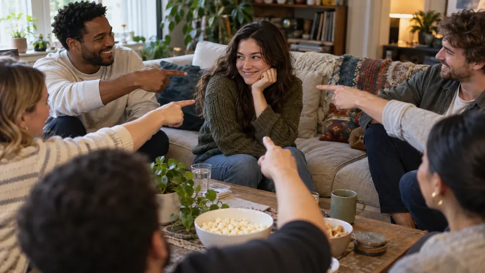Close view of several hands pointing at one person on the count of three, out-of-focus faces