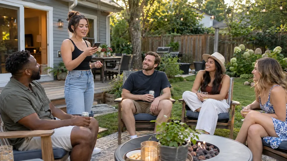 A host holding a phone reading the next question to a group in a backyard