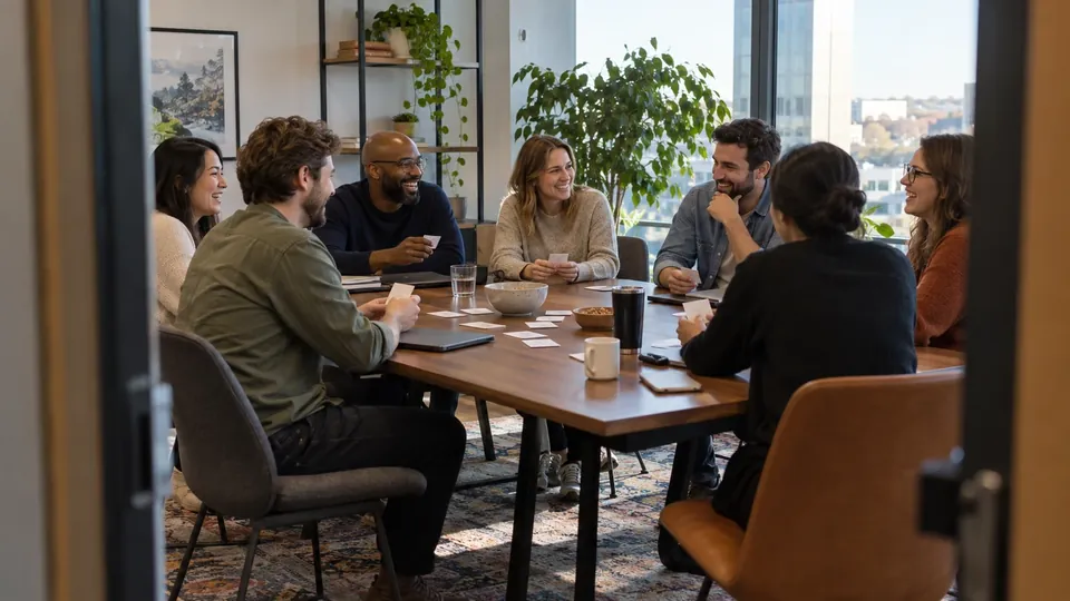 Office team at a long table during a casual Friday game, laptops closed, laughing