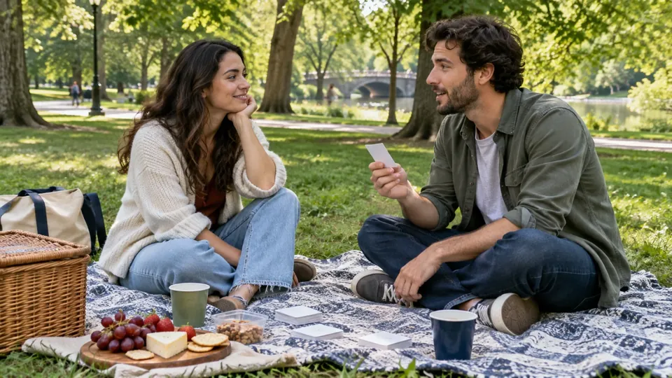 A couple on a picnic blanket in a park playing a question game