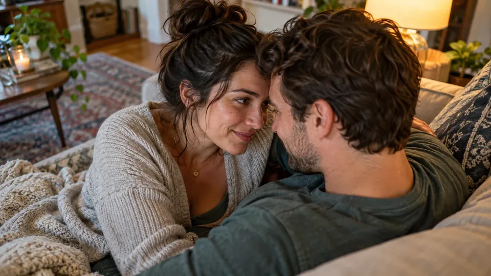 A couple close on a sofa, foreheads almost touching, soft lamp light