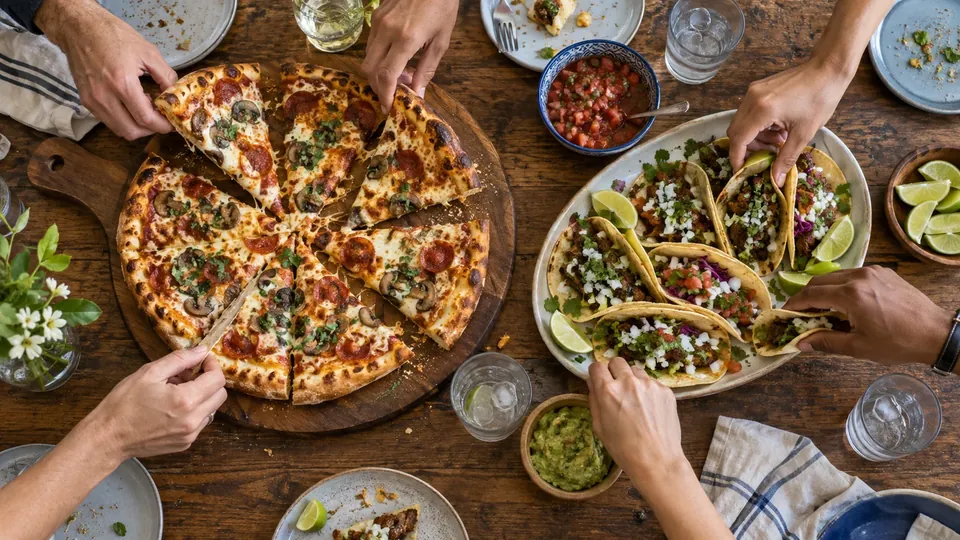 Overhead view of a table with pizza and tacos, hands reaching for one or the other
