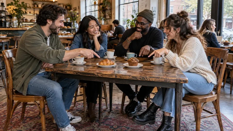 Friends at a cafe table pointing left and right at two options, laughing