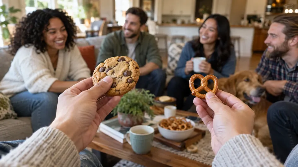 Two hands each holding a different snack as a this-or-that choice, blurred friends behind