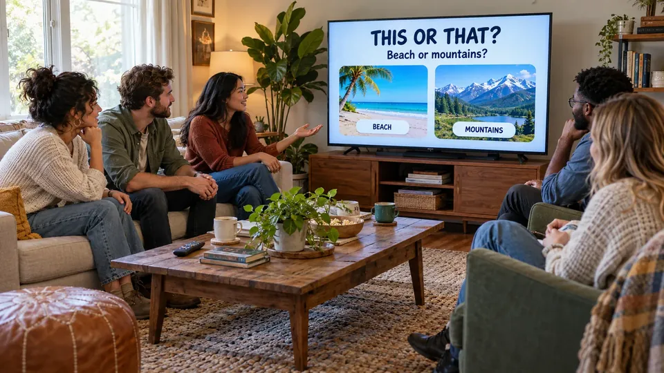 A group in a living room watching a TV screen with a question game, screen readable