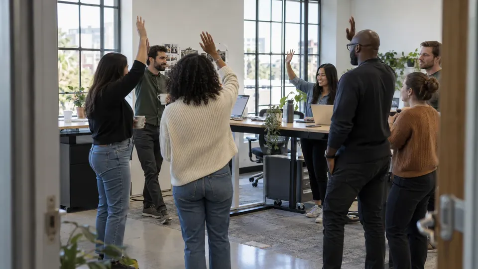 Coworkers at a standing desk area voting with raised hands, bright office