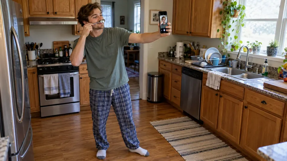 A guy taking a silly selfie as a dare in his kitchen, phone screen sharp