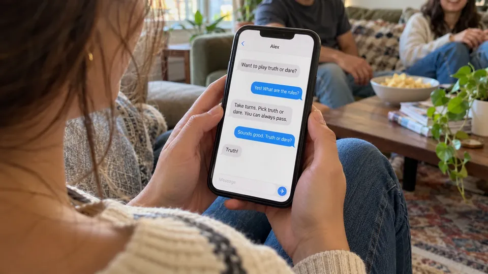 Close-up of a phone screen with a text chat starting a truth or dare game, sharp readable English text