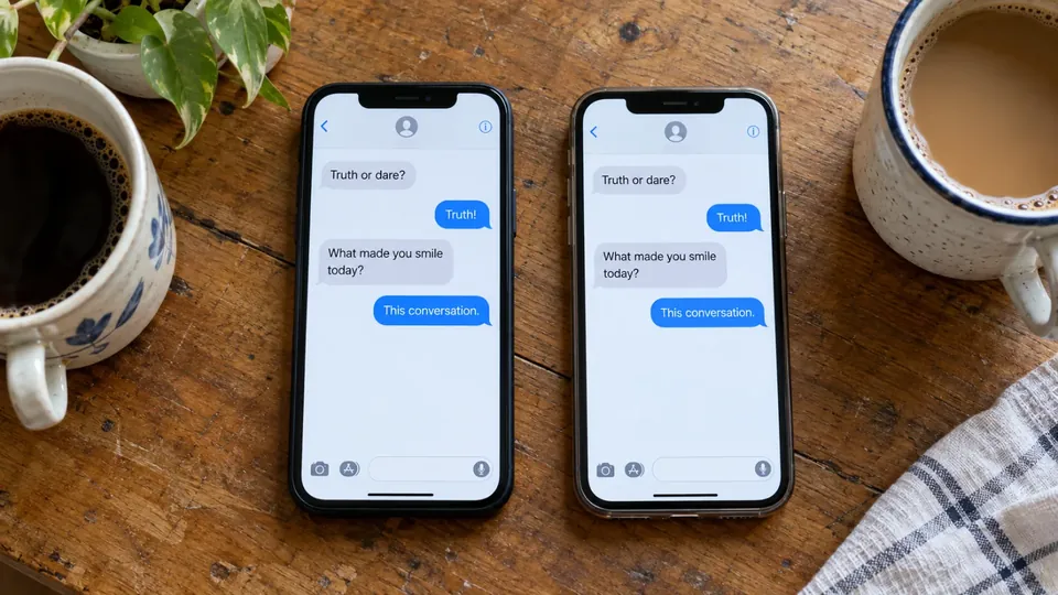 Two phones side by side on a table showing the same chat, sharp screens