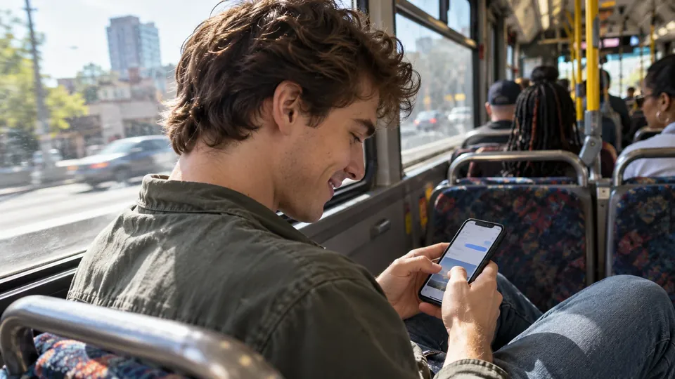 A man on a bus grinning at his phone while typing, city blur through window