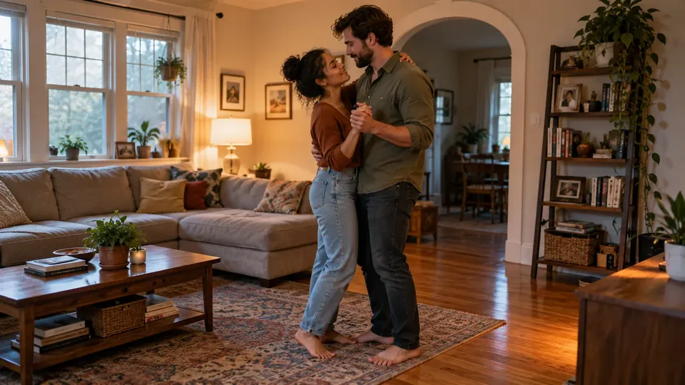 A man giving his girlfriend a slow dance in the living room, warm lamp