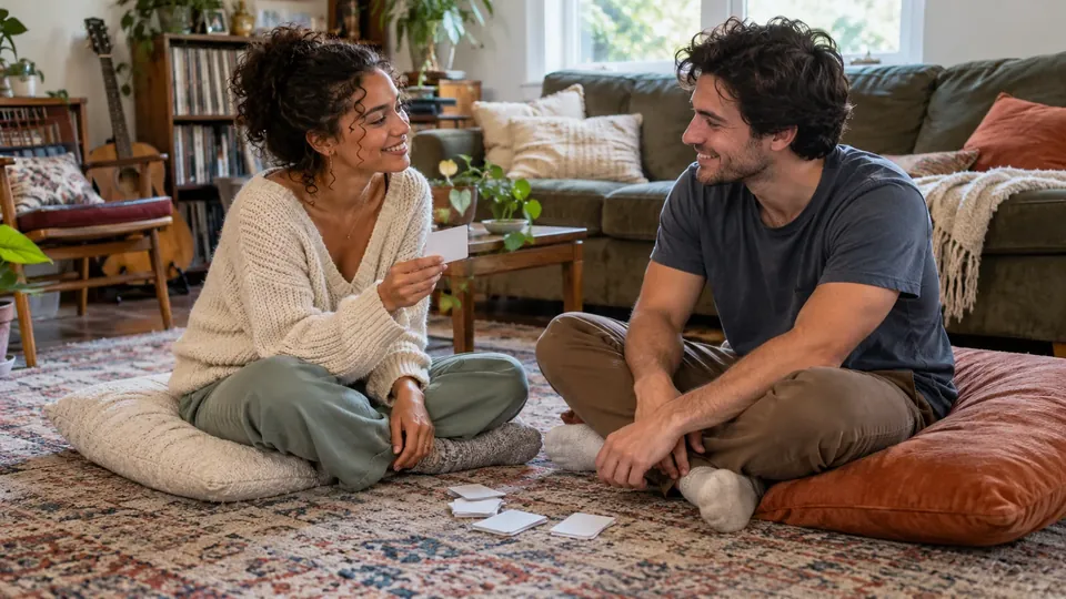 A young American couple on a living room floor with cushions playing truth or dare, smiling